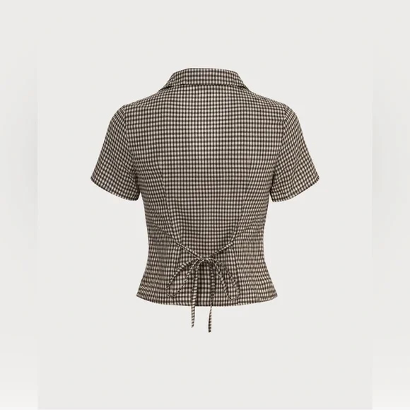 NWT RIHOAS Lapel Plaid Short Sleeve Blouse - Picture 6 of 7